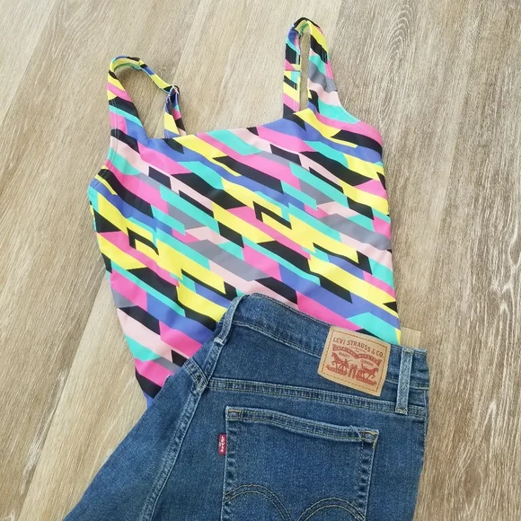 Relleciga One Piece Swimsuit Color Block Geometric Neon Stripe Bodysuit NWT - Picture 4 of 14